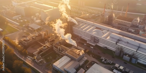 Industrial zone with many factories emitting smoke depicting pollution and manufacturing. Concept Industrial Pollution, Factory Emissions, Manufacturing Impact, Environmental Concerns