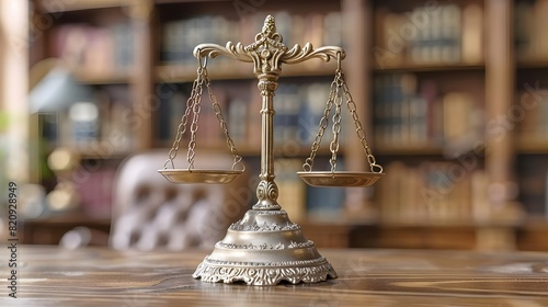 Scales of justice balanced on a wooden desk in a courtroom, symbolizing fairness and impartiality in the legal system. List of Art Media Photograph inspired by Spring magazine photo