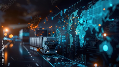 Advanced global supply chain visualization on world map, interconnected logistics network, vibrant and futuristic visuals
