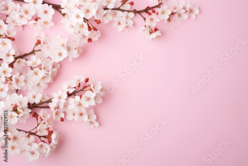 white cherry blossoms against a pink background with top view of the ground © tydeline