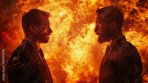 対立する2人のビジネスマンと炎の背景 photo