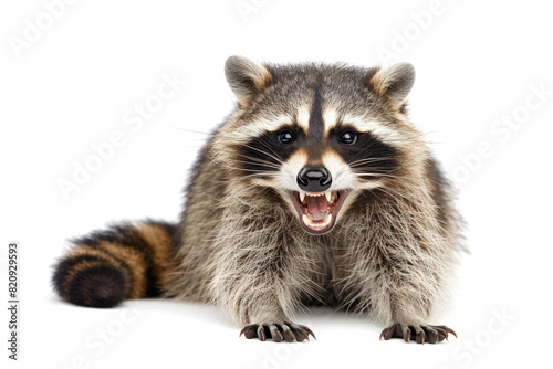 A raccoon grinning widely, showing teeth, isolated on a white background