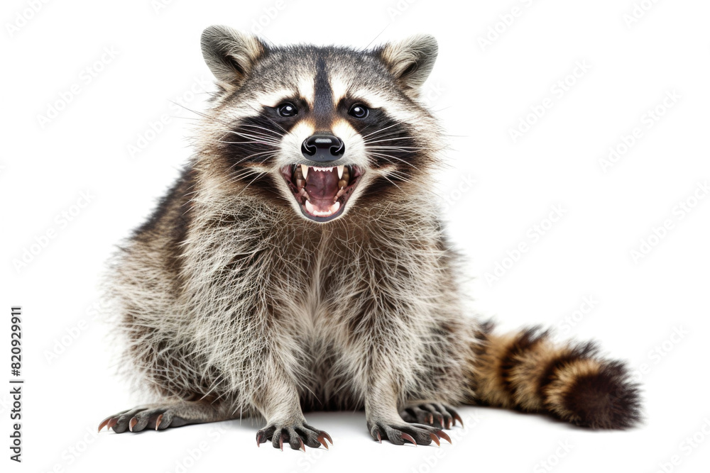 A raccoon grinning widely, showing teeth, isolated on a white background