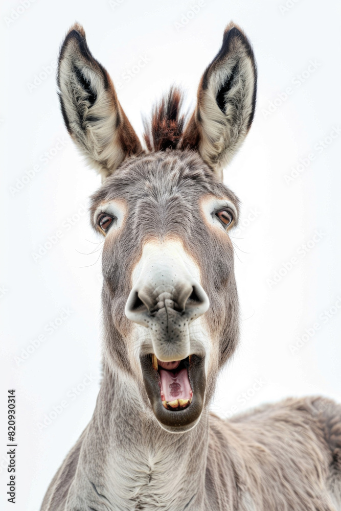 A donkey with its mouth open, appearing to laugh, isolated on a white background