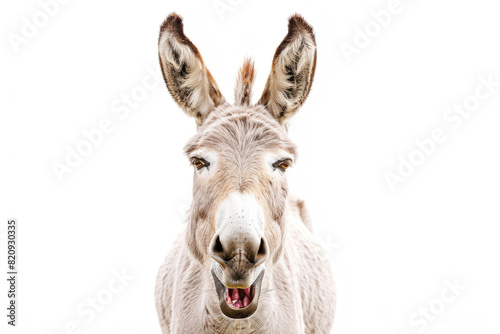 A donkey with its mouth open, appearing to laugh, isolated on a white background © Veniamin Kraskov