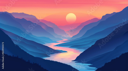 Develop a vector illustration of a river winding through mountains, capturing the essence of natural landscapes with layered graphics.