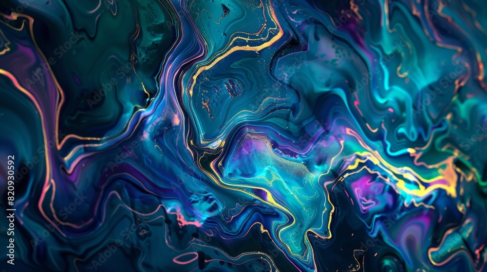 Fototapeta premium An abstract watercolor painting, random mix of dark blues, greens, and reds, with striking glowing gold lines forming a topographical map effect. Modern, disturbingly fluid abstract background.