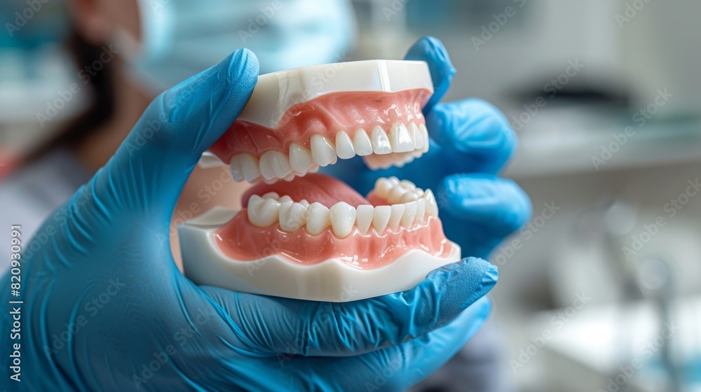 Close-up of dental model held by gloved hands in a clinical setting. Close-up of dental model held by gloved hands in a clinical setting.