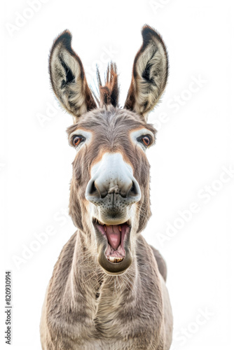 A donkey with its mouth open, appearing to laugh, isolated on a white background © Venka
