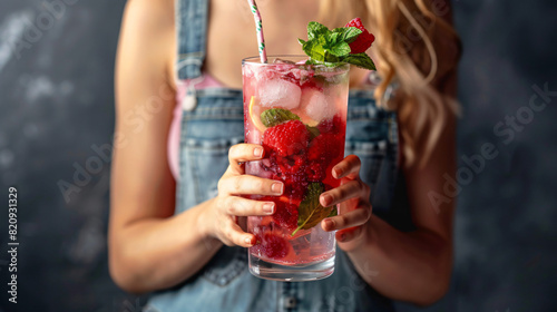 Woman holding glass of fresh raspberry lemonade on dar