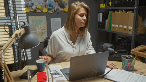 A focused young woman works at a cluttered detective's desk in an office, surrounded by evidence. photo