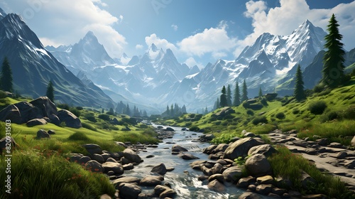 Panoramic view of the mountain river in the valley. Mountain landscape. © Iman
