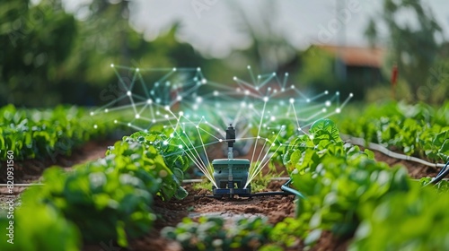 Smart farming technology demonstrated through an automated irrigation system in a green field with glowing data lines.