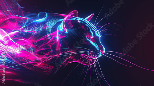 Slick, glossy black surfaces intersected by glowing red and blue neon lines, conveying a high speed data network in motion photo