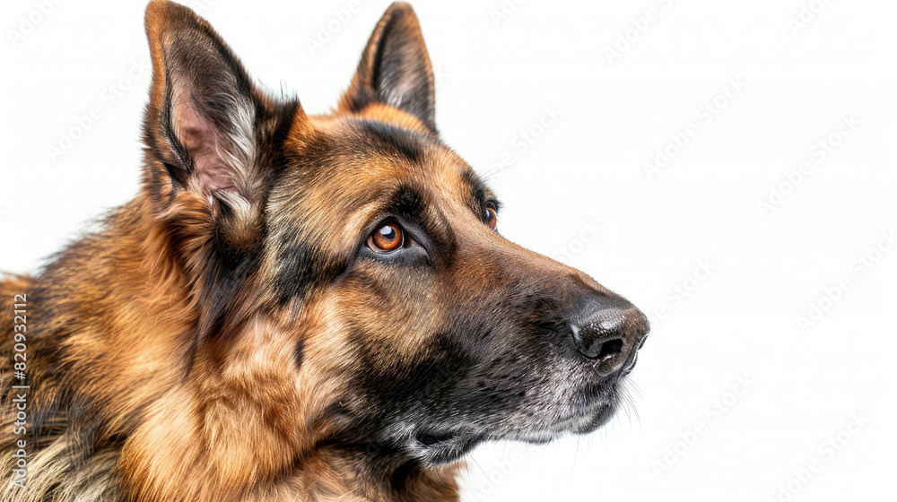 Close-up portrait view of German Shepherd dog head from side view isolated on white background Close-up portrait view of German Shepherd dog head from side view isolated on white background