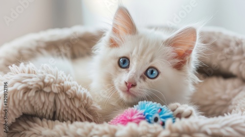 Close-up image of a kitten's ear and tuft of hair peeking out from a cozy beige blanket © Oskar