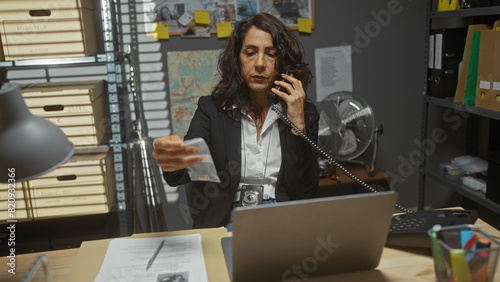 Mature woman detective works in an office examining evidence while on a phone call, surrounded by files and a laptop. photo