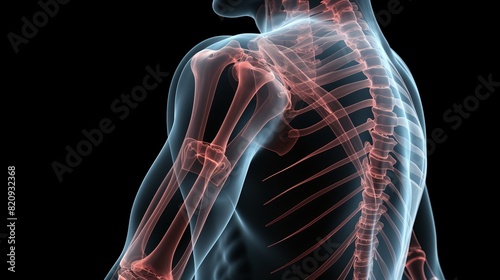 3D rendered medical illustration of the upper body skeleton, highlighting shoulder and spine structure against a black background. photo