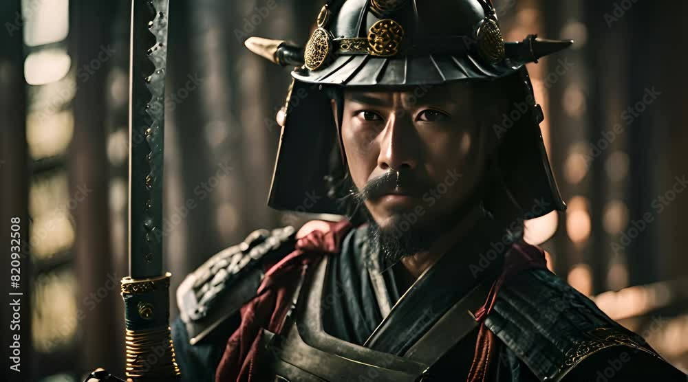 A samurai warrior stands proudly, holding a sword in his hands and ...