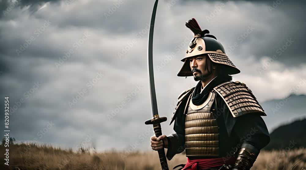 A samurai warrior stands proudly, holding a sword in his hands and ...