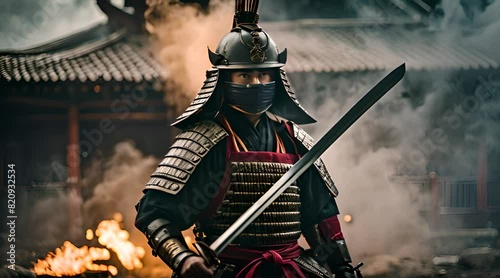 A samurai warrior stands proudly, holding a sword in his hands and wearing a steel helmet on his head. There is a dark and mysterious atmosphere around. photo