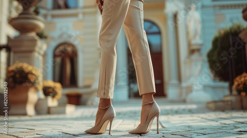 Fashion shot of legs in trendy pants and high heels neutral tones. photo