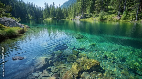 Pristine mountain lake with crystal-clear water reveals submerged stones, surrounded by lush green forest