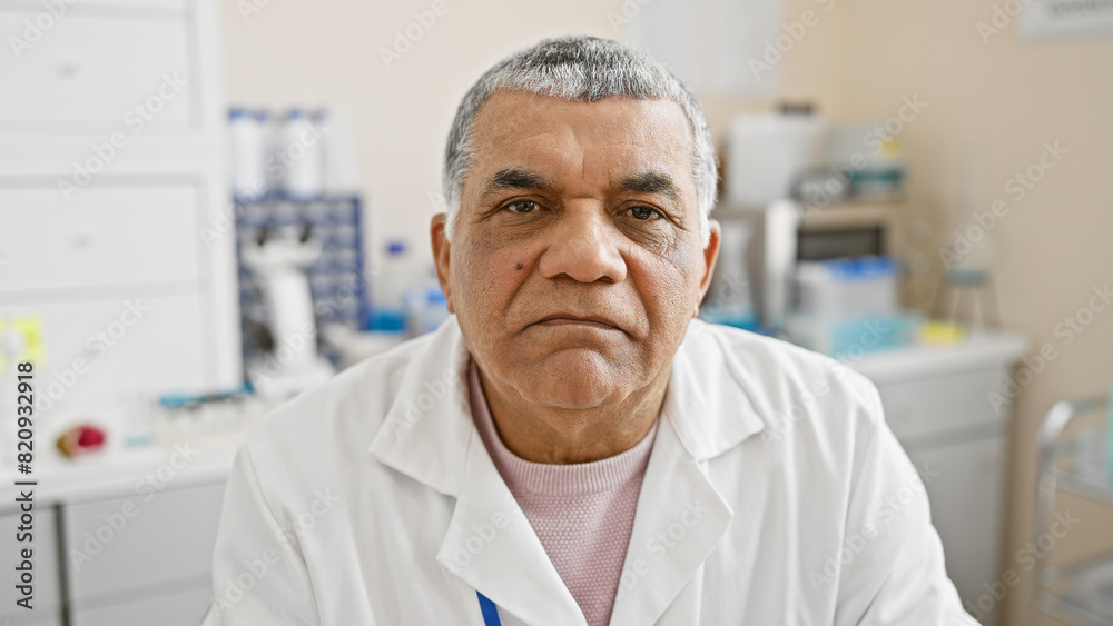 A mature man in a lab coat sits thoughtfully in a medical laboratory, conveying a sense of expertise.