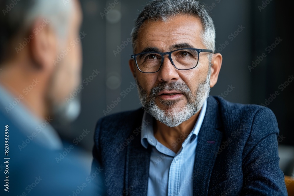 Middle-aged man in formal attire discussing life insurance with agent in office setting, featuring copy space Middle-aged man in formal attire discussing life insurance with agent in office setting, featuring copy space