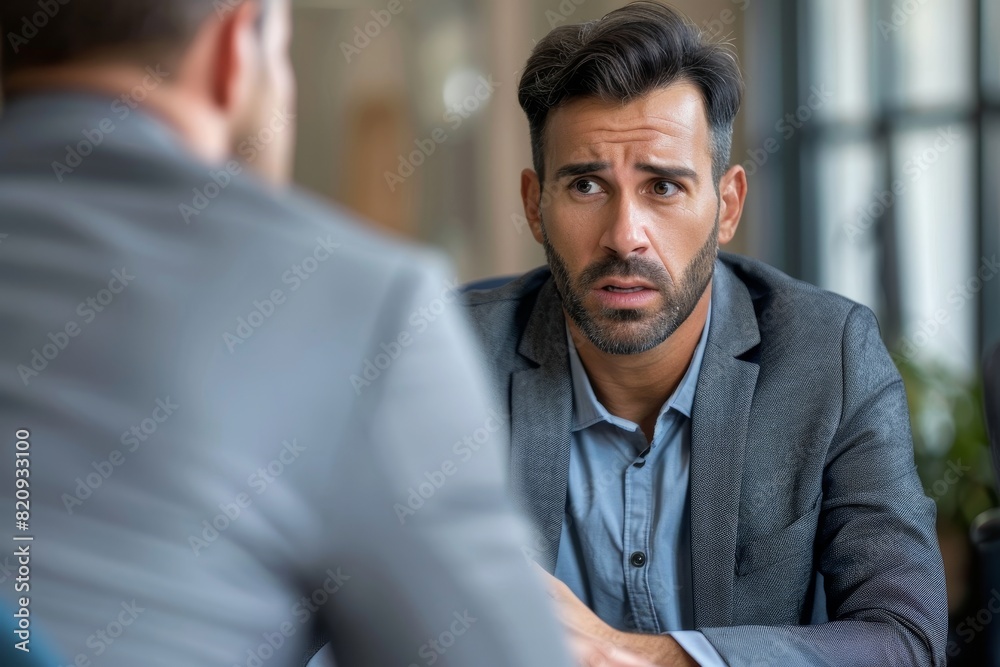 Obraz premium Middle-aged man in formal attire discussing life insurance with agent in office, with copy space available