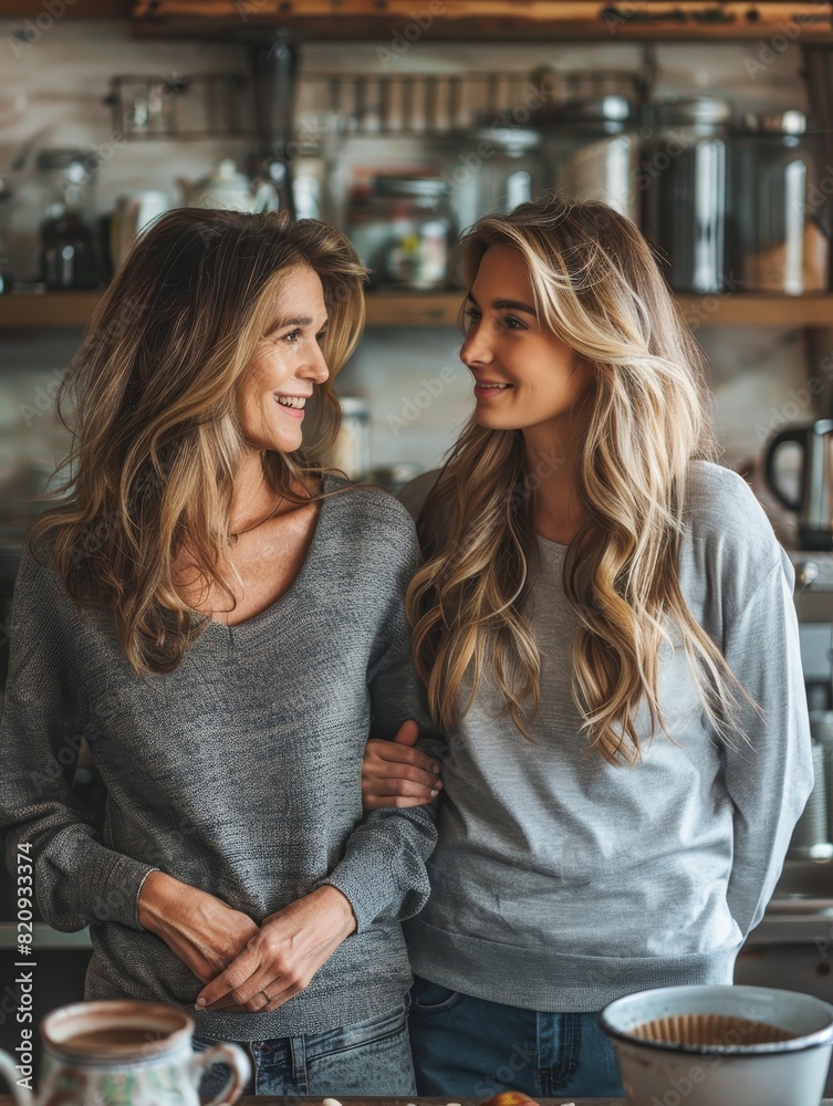 Mother and daughter in casual attire discuss life insurance options over coffee mugs in the morning kitchen light Mother and daughter in casual attire discuss life insurance options over coffee mugs in the morning kitchen light