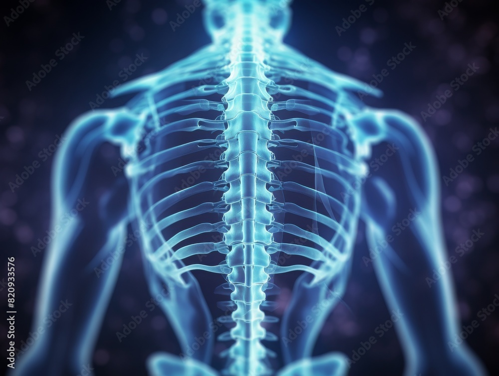 Futuristic glowing X-ray of human spine and ribs showcasing skeletal structure and vertebral column in a digital medical imagery concept. Futuristic glowing X-ray of human spine and ribs showcasing skeletal structure and vertebral column in a digital medical imagery concept.