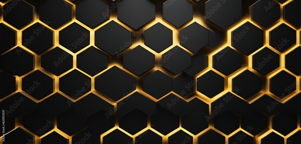 Luxury hexagonal abstract black metal background with golden light lines. Dark 3d geometric texture illustration. Bright grid pattern. Pure black horizontal banner wallpaper. Carbon elegant wedding BG Luxury hexagonal abstract black metal background with golden light lines. Dark 3d geometric texture illustration. Bright grid pattern. Pure black horizontal banner wallpaper. Carbon elegant wedding BG