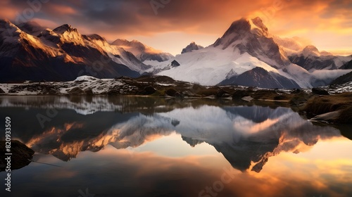 Panoramic view of snow-capped mountain peaks reflected in the lake