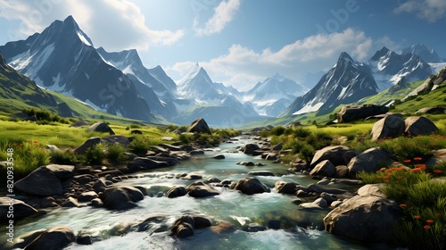 Panoramic view of a mountain river in the Altai mountains