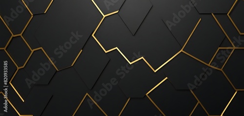 Luxury hexagonal abstract black metal background with golden light lines. Dark 3d geometric texture illustration. Bright grid pattern. Pure black horizontal banner wallpaper. Carbon elegant wedding BG