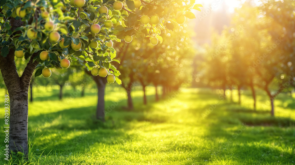 Sunny Orchard Scene with Apple Tree Rows and Lush Green Lawn in Summer