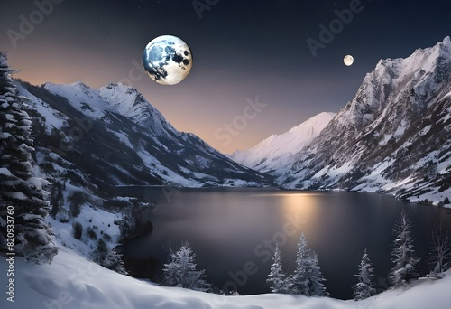 The moon over a Lake in the mountains