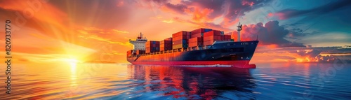 Wallpaper Mural Dynamic aerial shot of an industrial port with a container ship at sunset, vivid ocean colors and busy cargo operations Torontodigital.ca