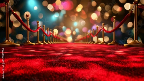 A red carpet with a red rope barrier in the middle photo