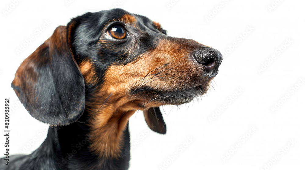 Close-up portrait view of brown Dachshund dog head from side view isolated on white background