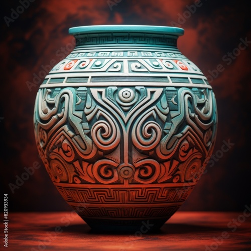 Intricately designed ceramic vase with intricate tribal patterns in red and turquoise, highlighted against a dramatic, artistic backdrop.
