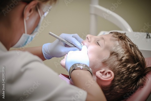A dentist doing scaling to a young boy