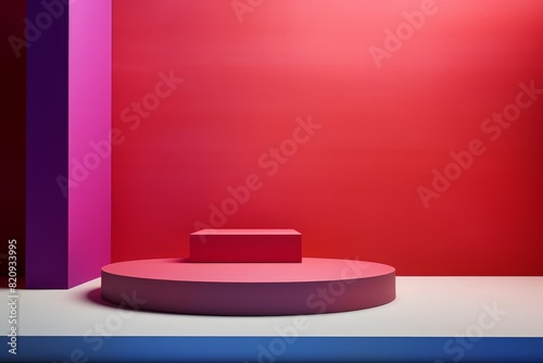 Minimalist abstract geometric podium with vibrant pink, purple, and red colors perfect for product display and modern design concepts. © Jeannaa