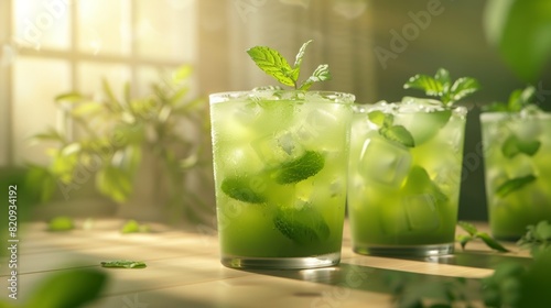 Fresh matcha drinks arranged neatly with mint garnish in soft light. photo