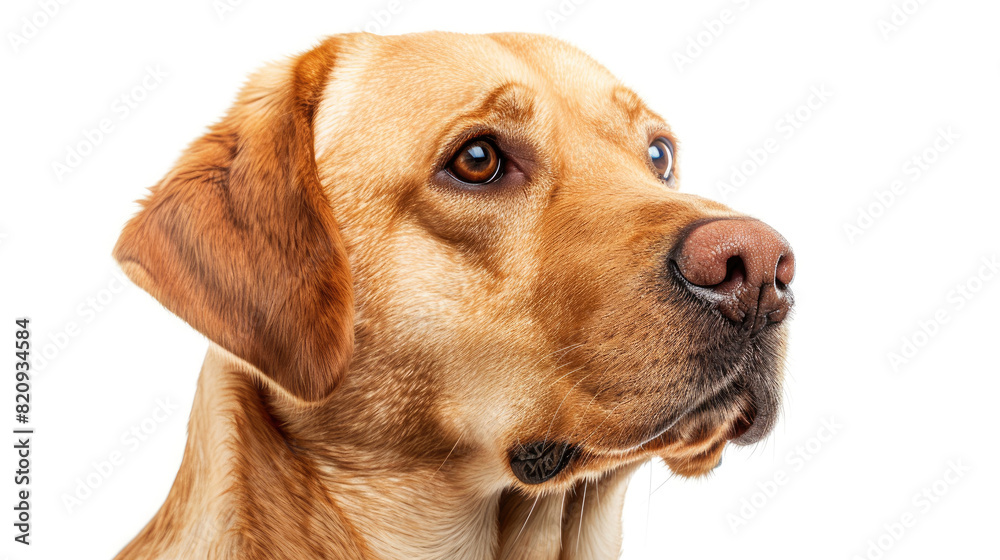 Close-up portrait view of brown Labrador Retriever dog head from side view isolated on white background Close-up portrait view of brown Labrador Retriever dog head from side view isolated on white background