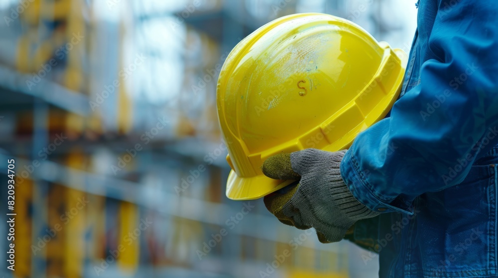 Construction worker holding a yellow hard hat in a work site with blurred background. Construction worker holding a yellow hard hat in a work site with blurred background.