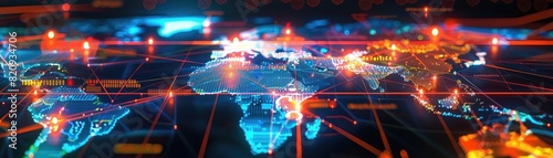 Global supply chains with efficient trade routes, interconnected international network, vibrant and futuristic digital map