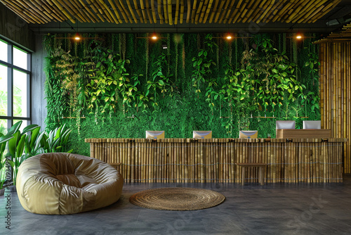 An eco-friendly office reception with a green wall, bamboo furniture, and a plush sofa chair.
