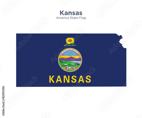 Kansas flag and map.Flags of the U.S. states and territories. America states flag and map on white background.